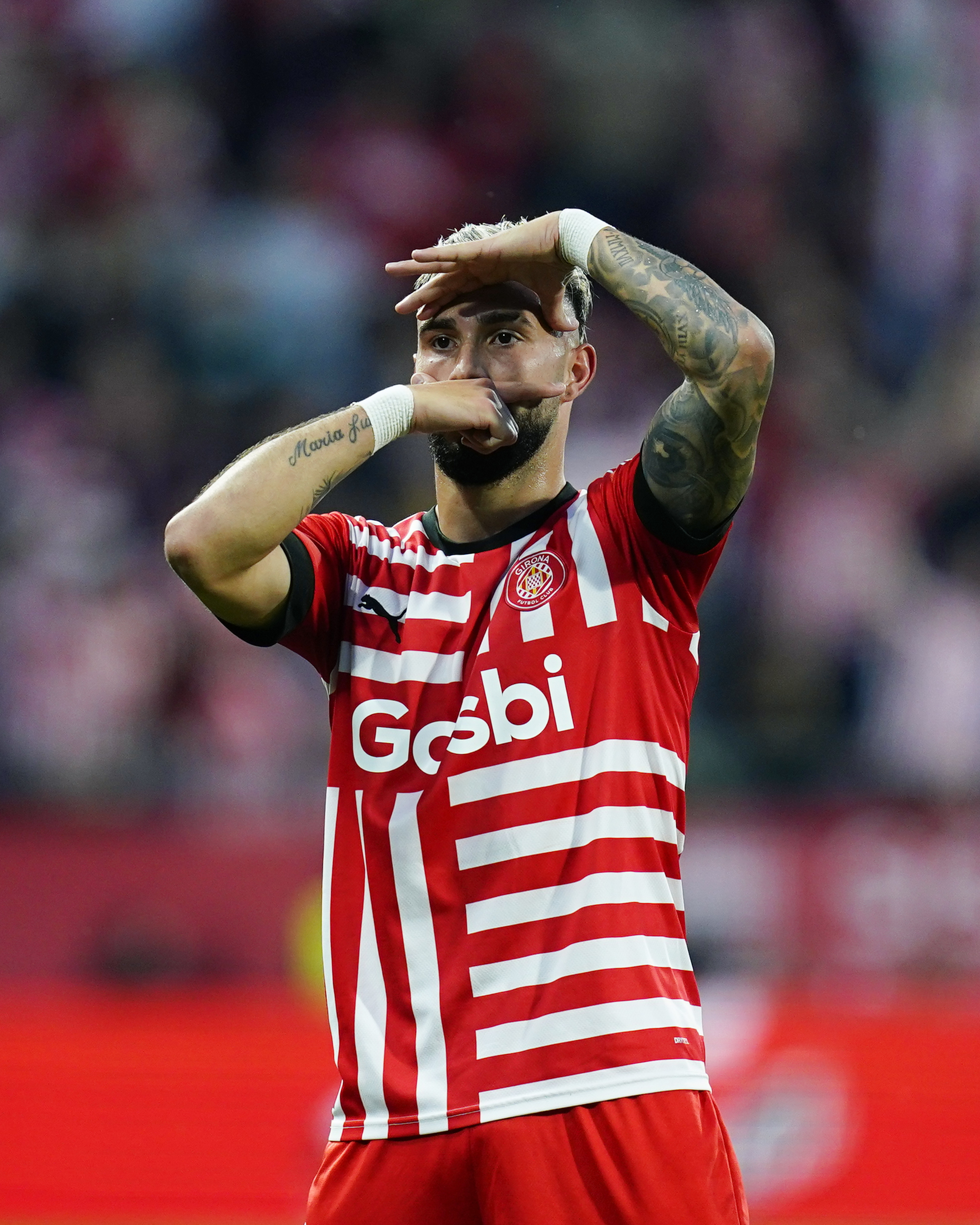 Taty Castellanos of Girona FC celebrates his goal during the La Liga match between Girona FC and Real Madrid played at Montilivi Stadium on April 25, 2023 in Girona, Spain. (Photo by Sergio Ruiz / pressinphoto / Sipa USA)