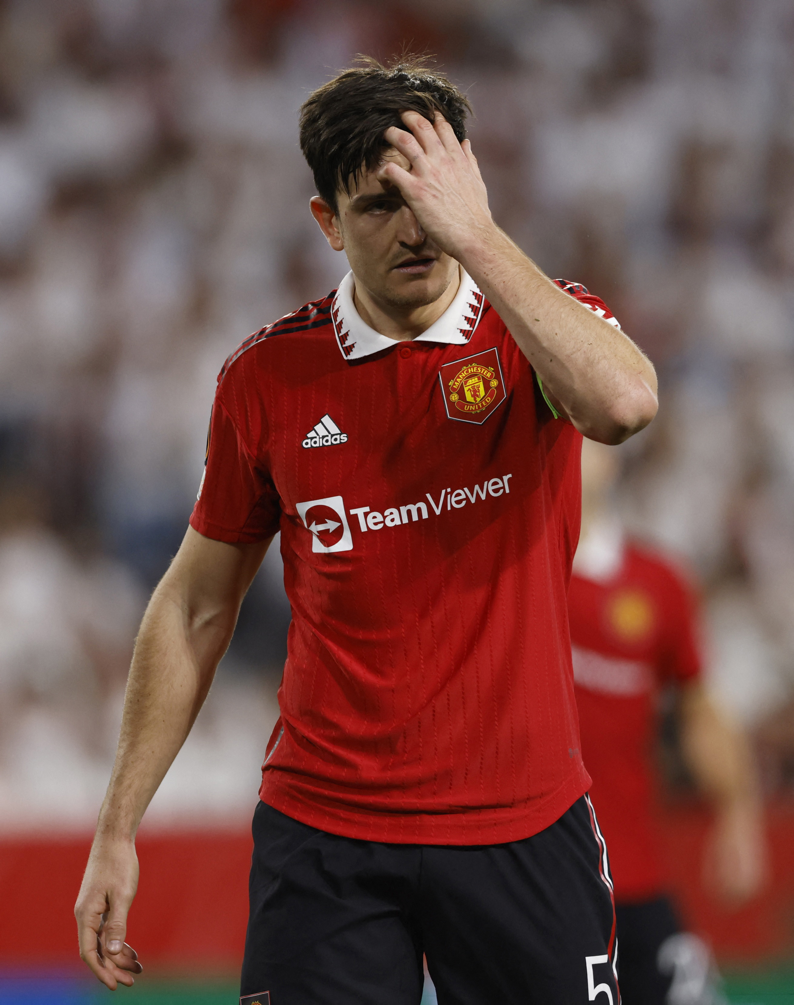 Sevilla v Manchester United - Ramon Sanchez Pizjuan, Seville, Spain - April 20, 2023 Manchester United's Harry Maguire reacts REUTERS/Marcelo Del Pozo