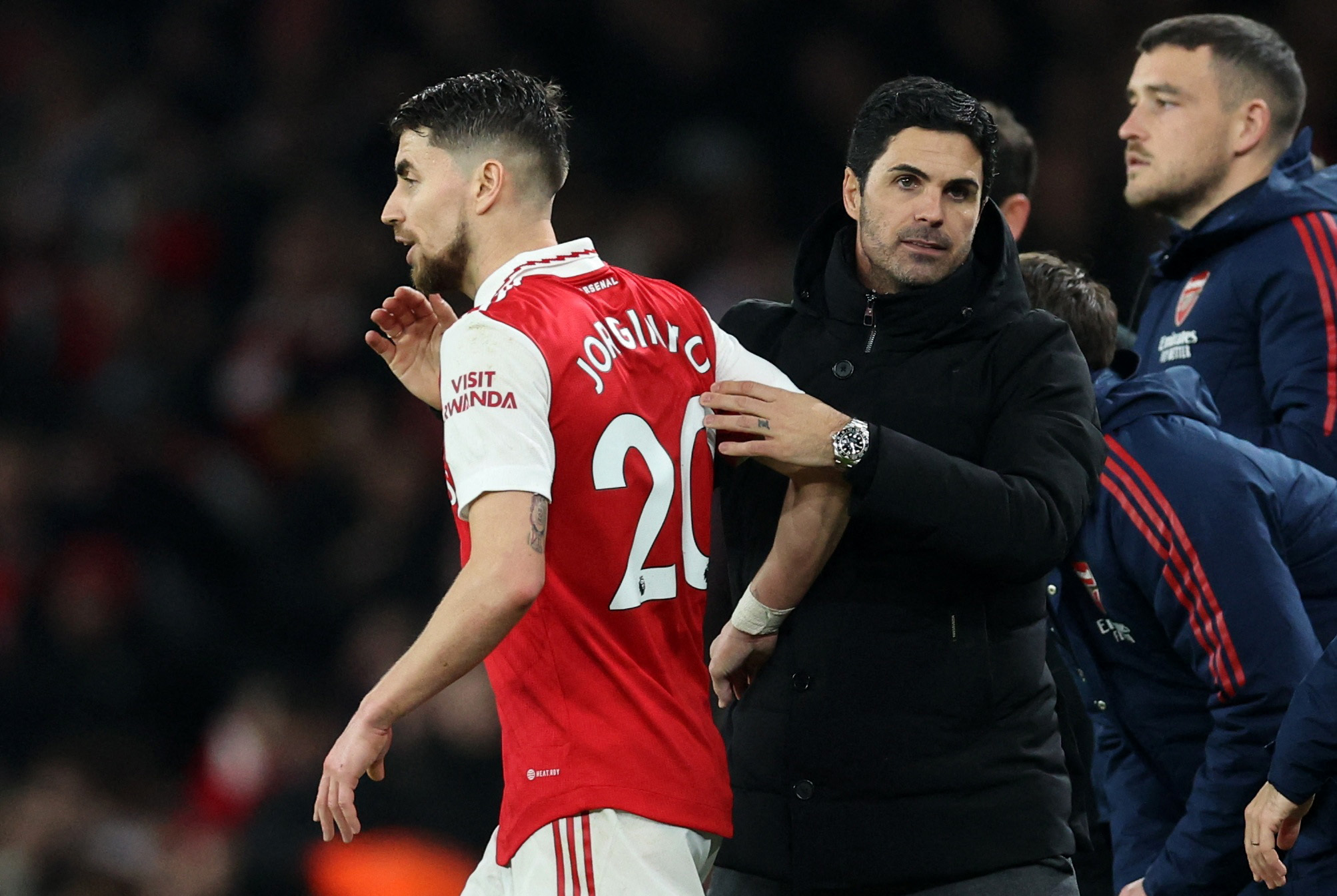 Jorginho dan Mikel Arteta saat pertandingan Arsenal VS Manchester City
